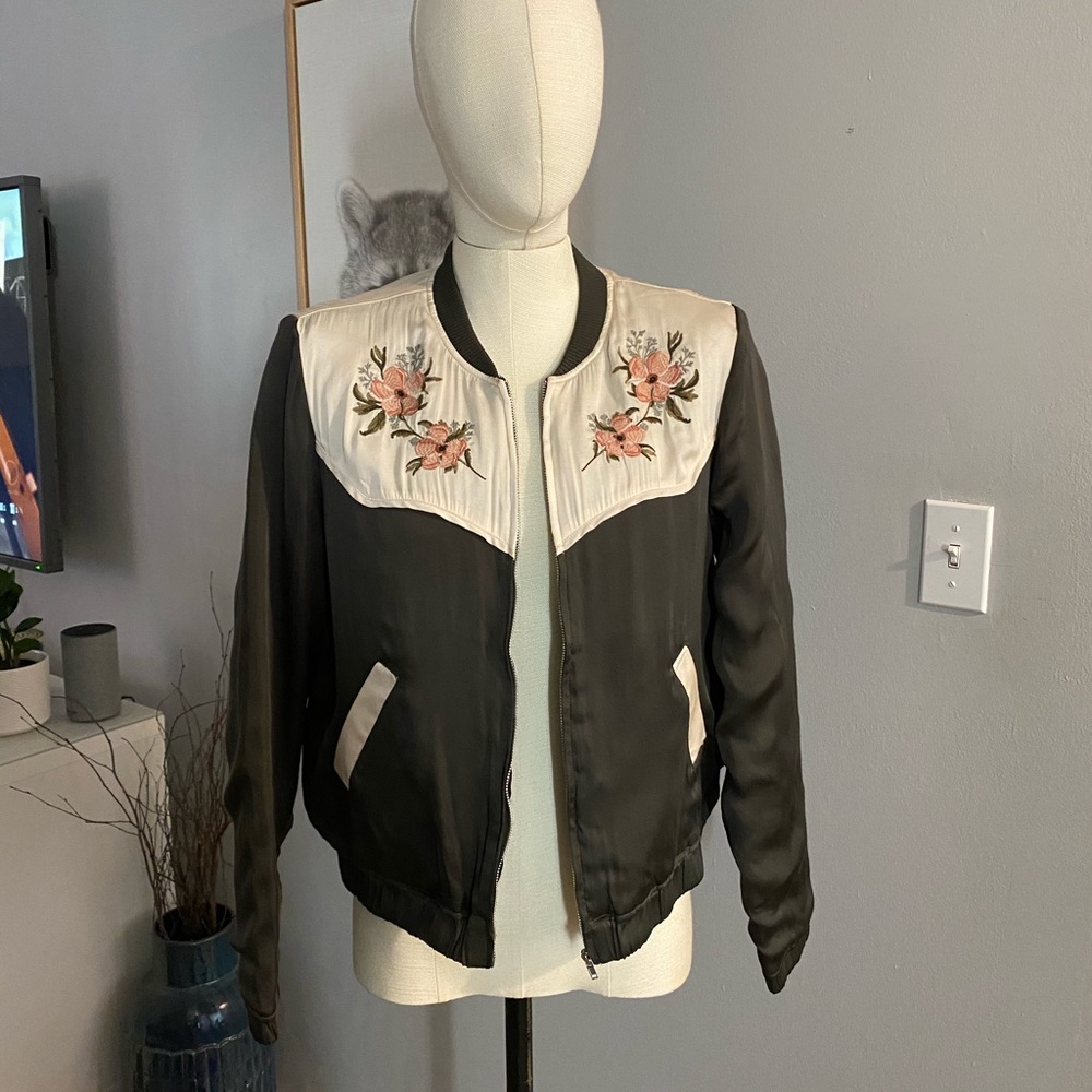 Olive Green Satin Bomber with Western Embroidery